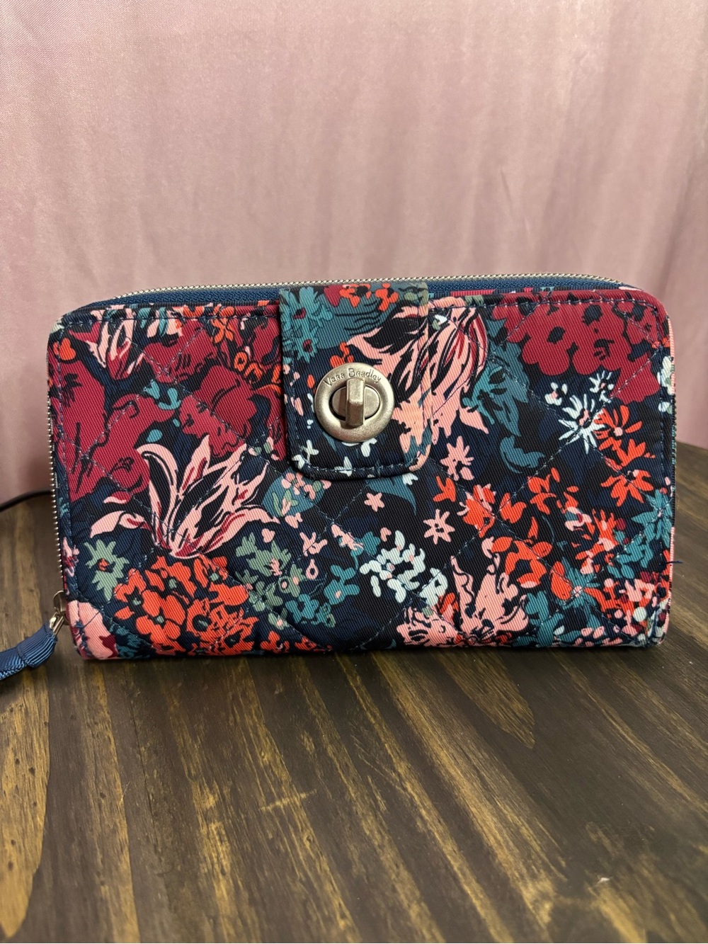 Vera Bradley Navy Floral Zip-Around Wallet with Pink & Teal Accents